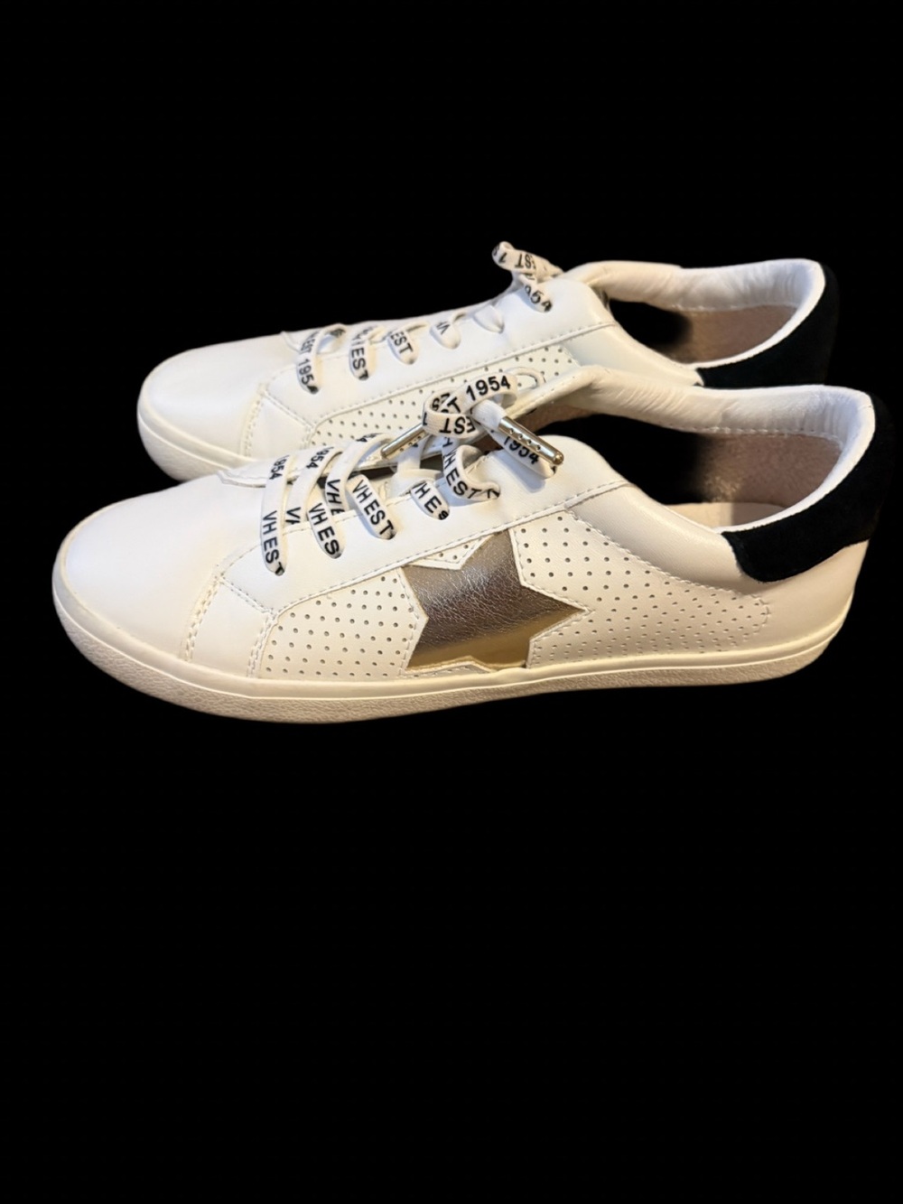 Vintage Havana White Sneakers with Metallic Gold Star and Black Heel